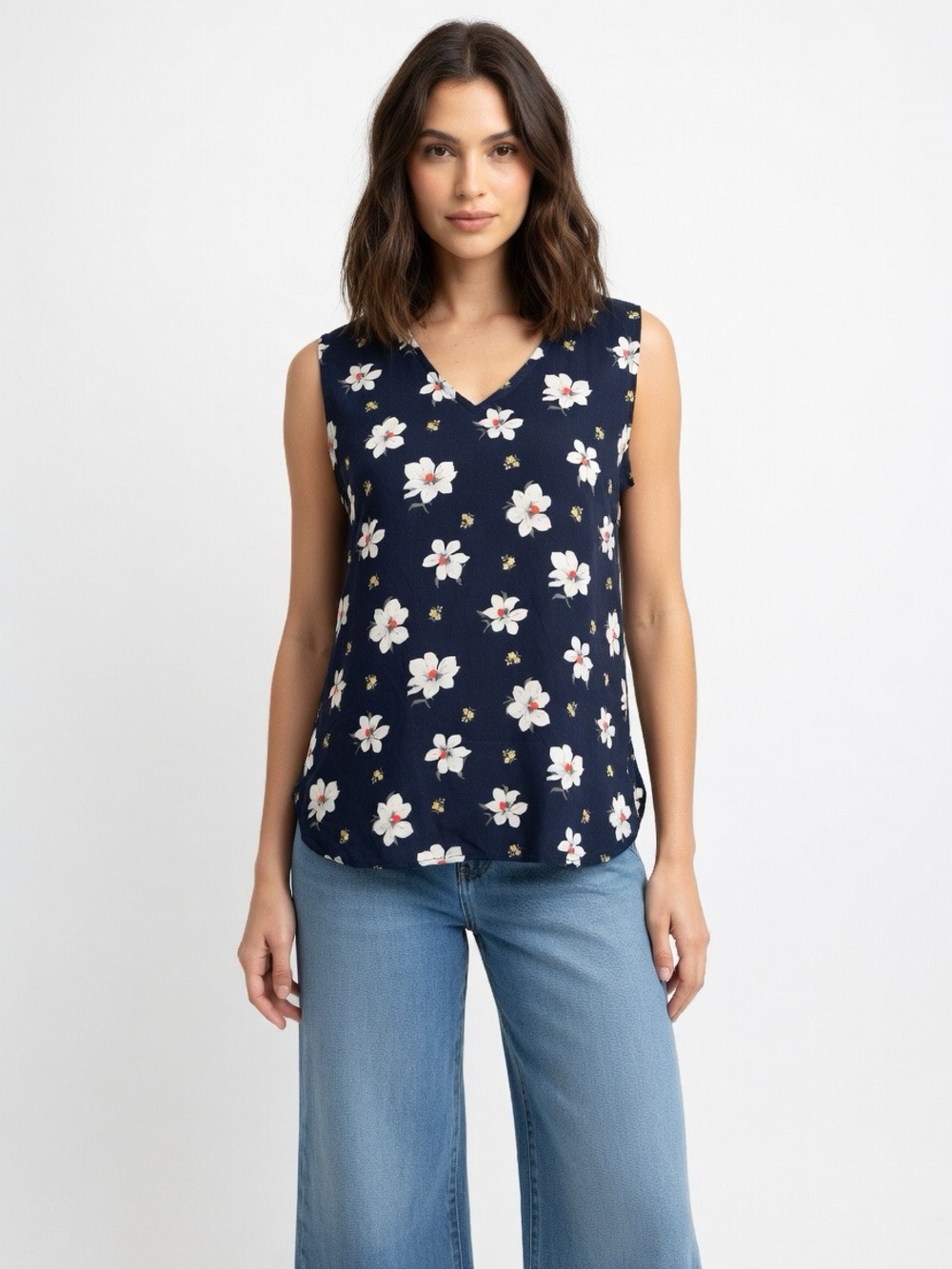 Equipment Femme Silk Navy White Sleeveless Camisole